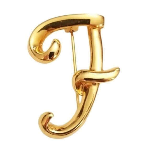 Anne Klein Gold-Tone Cursive Script Letter Initial F Brooch, Signed L61 - Picture 1 of 7